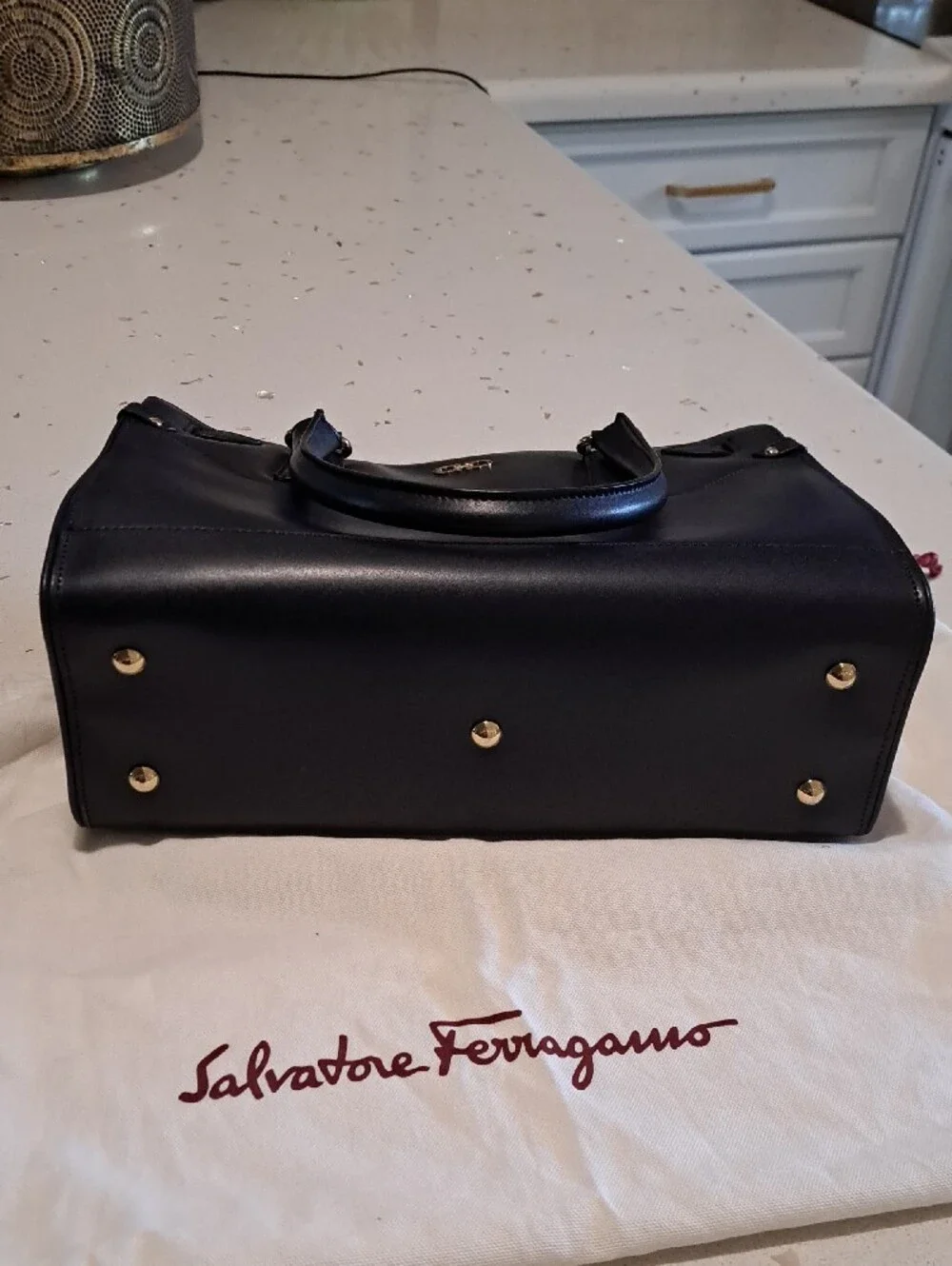 Salvatore Ferragamo Navy Leather Briana Bag with Gold Hardware